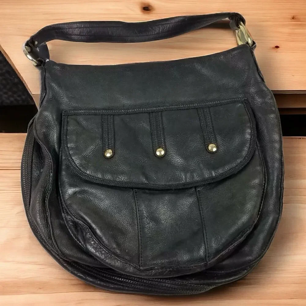Sigrid Olsen Black Soft Leather Hobo Handbag Gold Hardware Magnetic Closure